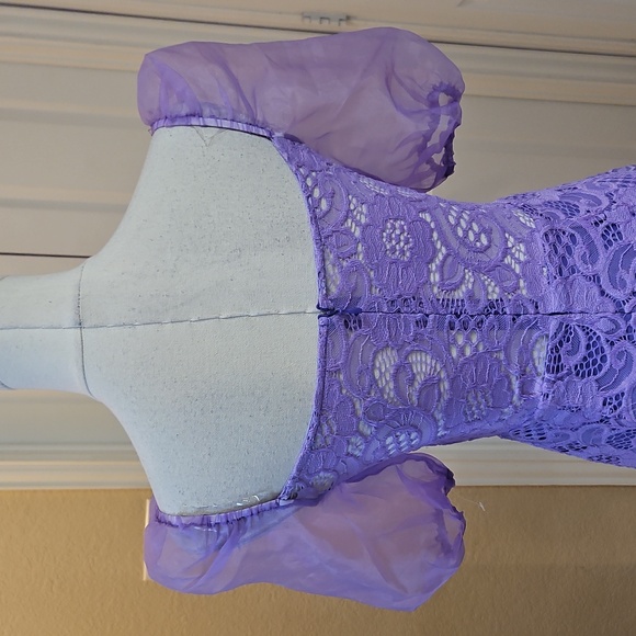 Purple Lace Sheer Corset Bodycon Mini Dress with Puff Sheer Short Sleeves - Picture 7 of 9